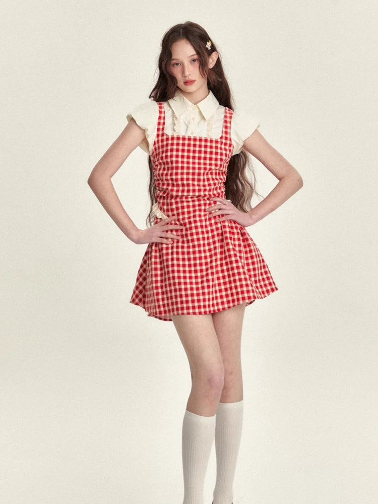 Summer Y2k Coquette Plaid Shirt Dress Preppy Style Sweet Short Party Dress Japanese Mini Dress New