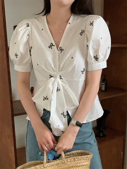 Stylish Vneck Sweet Blouses Summer Florals Half Sleeve Gentle Office Lady Slim Mujer High Street
