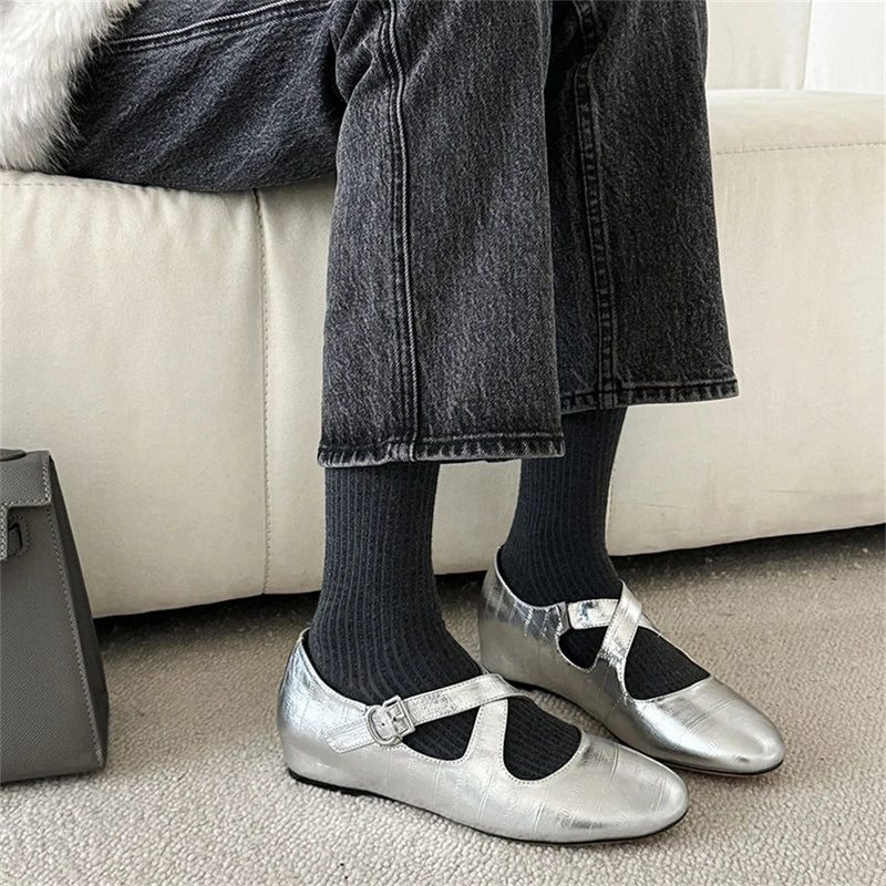 Shoes Loafers for Genuine Leather Flats Sole Buckles Spring New Flats Shoes Leopard Silver