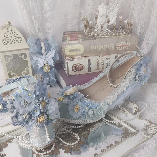 Sweet Lolita Retro Court Style Cosplay Loli Flower Wedding Gem Flower Ribbon Plush Bow 68 Cm High Heel Shoes