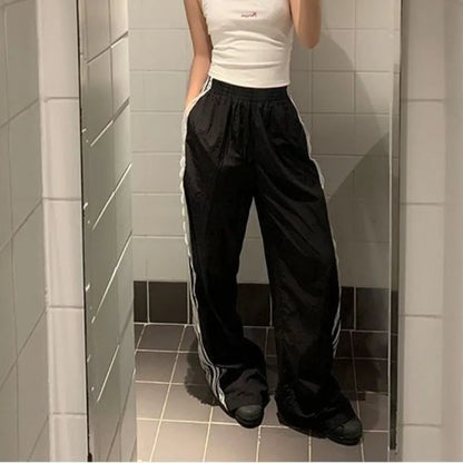 Striped Black Sports Pants Baggy Patchwork Lace Wide Leg Jogging Trousers Summer Korean Sweatpants