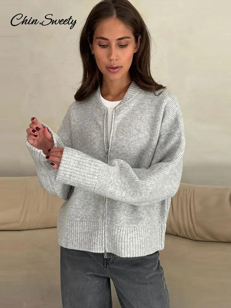 Knit Zipper Cardigan for Loose O Neck Long Sleeve Sweater Top Female Fall Winter All-matching Knitwear