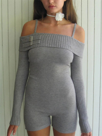 Summer New Offshoulder Jumpsuit for Long Sleeve Y2k Slim Playsuit Knitwear High Waist Short Sets Rompers