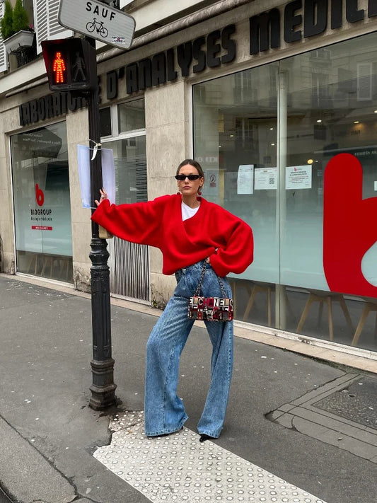 Retro Red Vneck Loose Woolen Pullover Jacket Long Sleeve Knitted Sweater New Autumn Female Knitwear Top