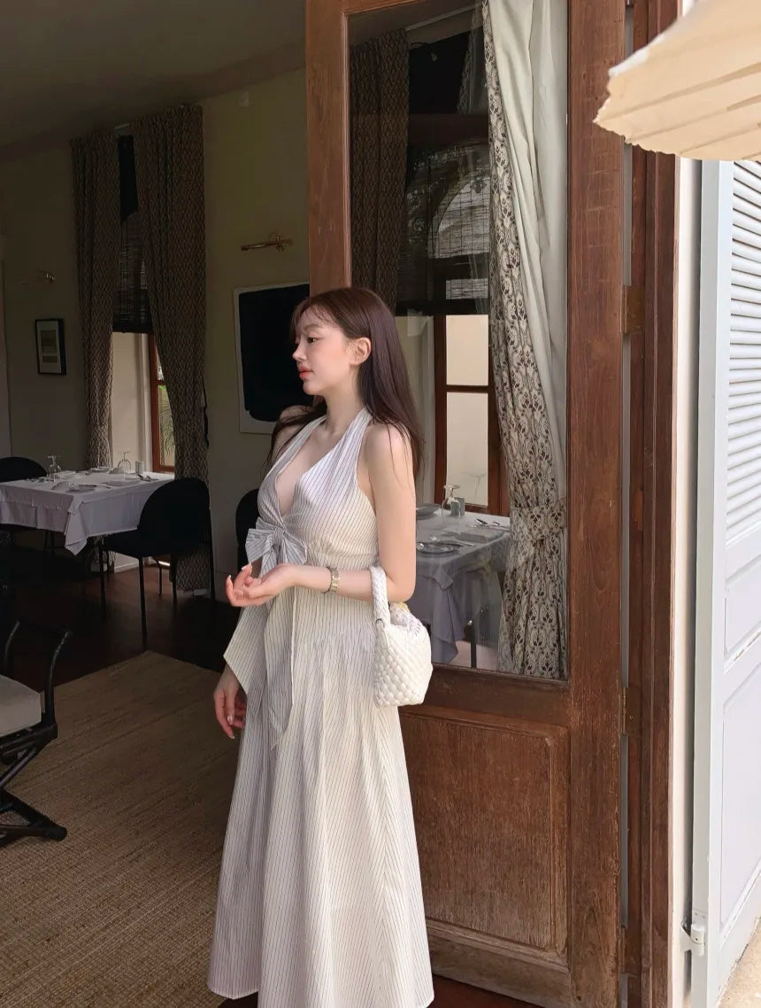 French Vacation Style Hanging Neck Striped Vest Dress Summer New Design Butterfly Bow Long Dresses