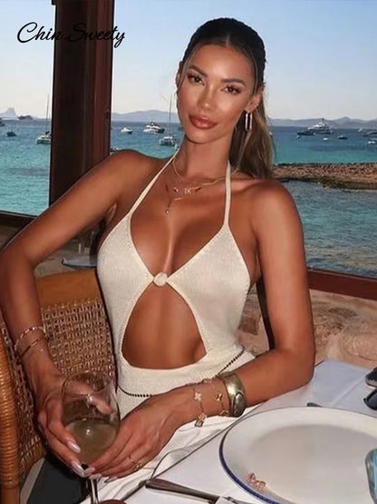 Knit Halter Maxi Dress Backless Lace Up V Neck Cutout Bodycon Long Dresses Summer Vacation Party Holiday Robes New