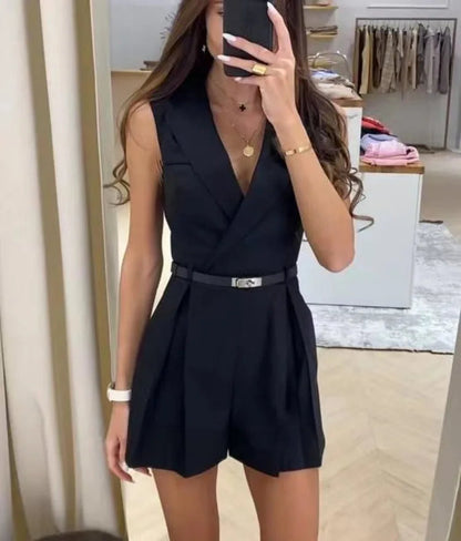 Summer Jumpsuit With Belt Sleeveless Turndown Collar Slim Short Jumpsuits Female Sping Lady Romper