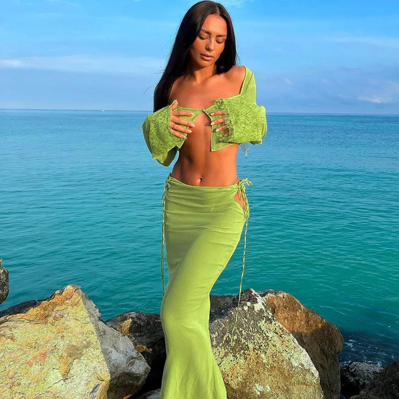 New Female Blouse Gradient Color Longsleeved Blouse Hanging Neck Halter Contrast Color Long Skirt Twopiece Suit