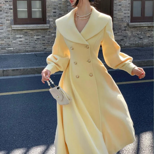 ’s Long Coats Winter New Outerwear Lapel Double Breasted Lantern Sleeve Woolen Overcoats
