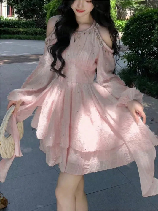 Irregular Ruffles Shell Decoration Mini Dress Autumn Winter Long Sleeve Off Shoulder Fairy Evening Sequin Vestidos