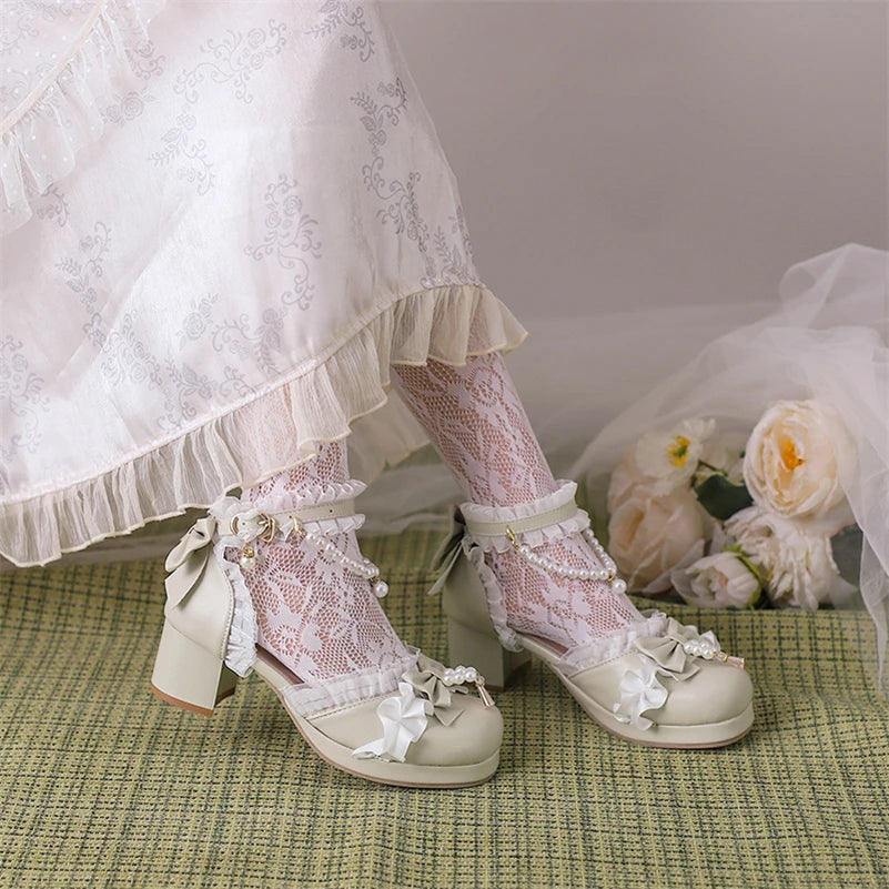 Kawaii Ankle Strap Lolita Pumps Round Toe Platform Thick Mid Heel Buckle Bow Bead Cosplay Lady Shoes Spring Autumn