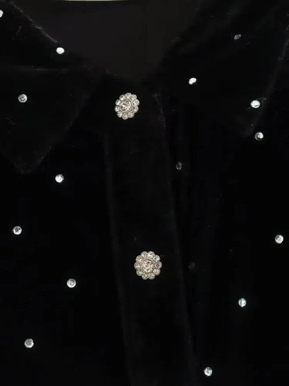 Dot Velvet Mini Dress Turn Down Collar Single Breasted Long Sleeve Skirt Autumn Female Dresses
