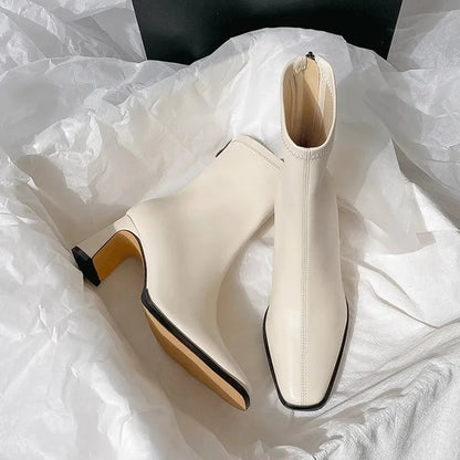 Autumn Winter Leather Square Toe Square Heel Short Ankle Boot