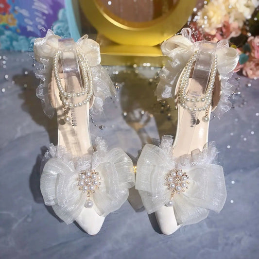Dress Shoes White Lolita Mary Jane Shoes Woman Designer Pearl Lolita Sandals Sling Back Heels