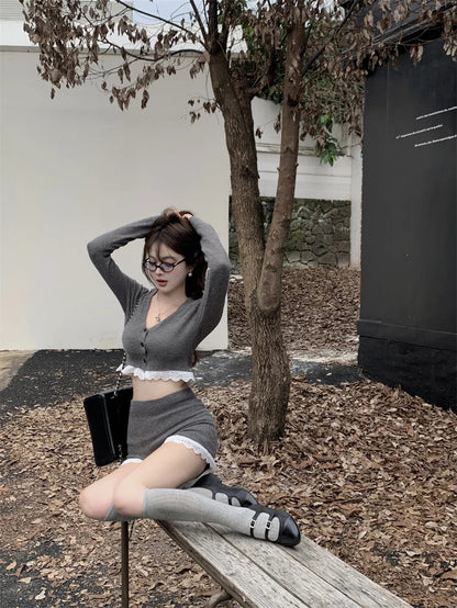 Sweet Hot Girl Suit Summer Longsleeved Vneck Cardigan Highwaisted Shorts Twopiece Set Female Clothes
