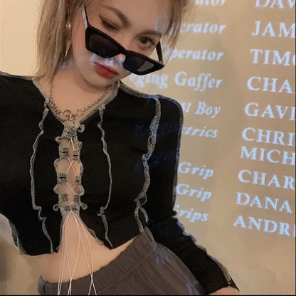 Black Front Bow Tied Shirt Y2k Crop Tops Ruffle Long Sleeve Tee Basic Shirts and Blouses Clothing Brand