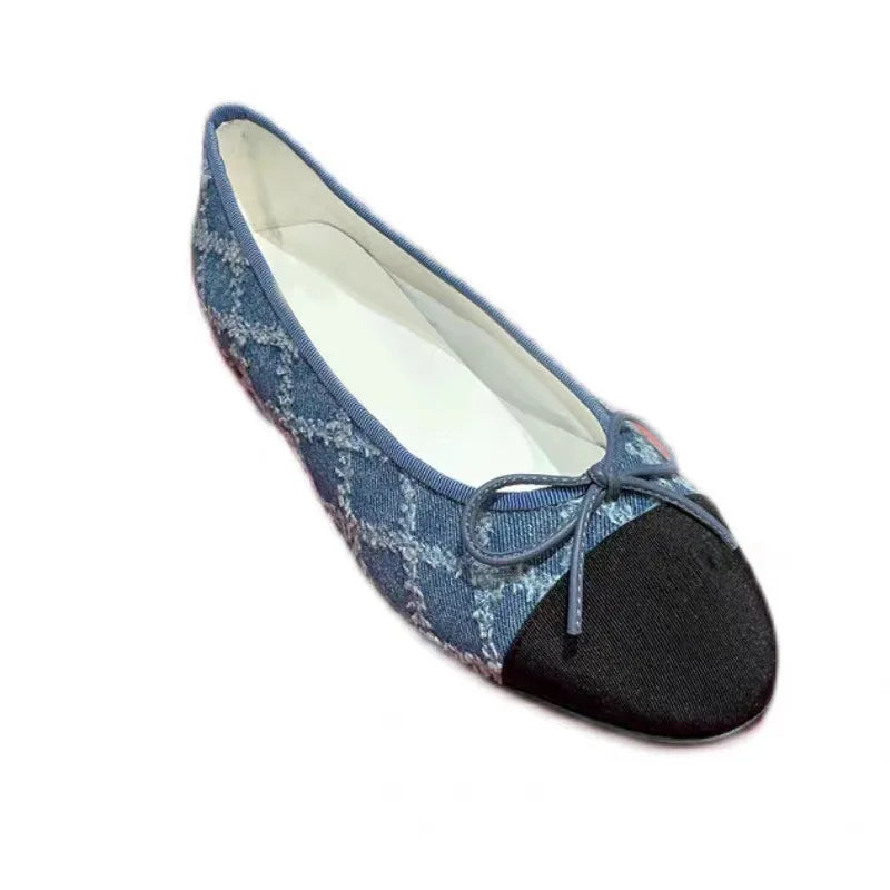 New Designer Blue Jeans Bow Flat Shoes Woman Round Toe Cloth Patchwork Flats Plaid Sewing Moccasins Denim Loafers for