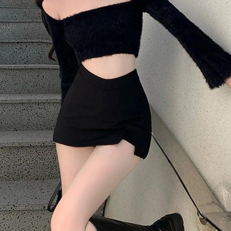 Black Split Mini Skirts Summer Club High Waist Slit Skirt Korean Party Irregular Slim a Line Skirt