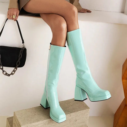 Mint Green White Patent Leather Knee High Boots Square High Heels Waterproof Platform Party Fetish Shoes 42 43