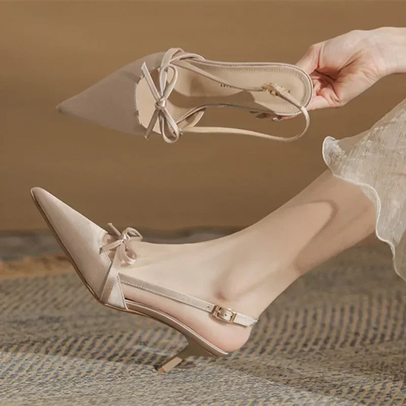 Satin Pointed Toe High Heels Bow Design Cover Toe Fine Heel 6cm Sandals Back Strap Party Dress Shoes