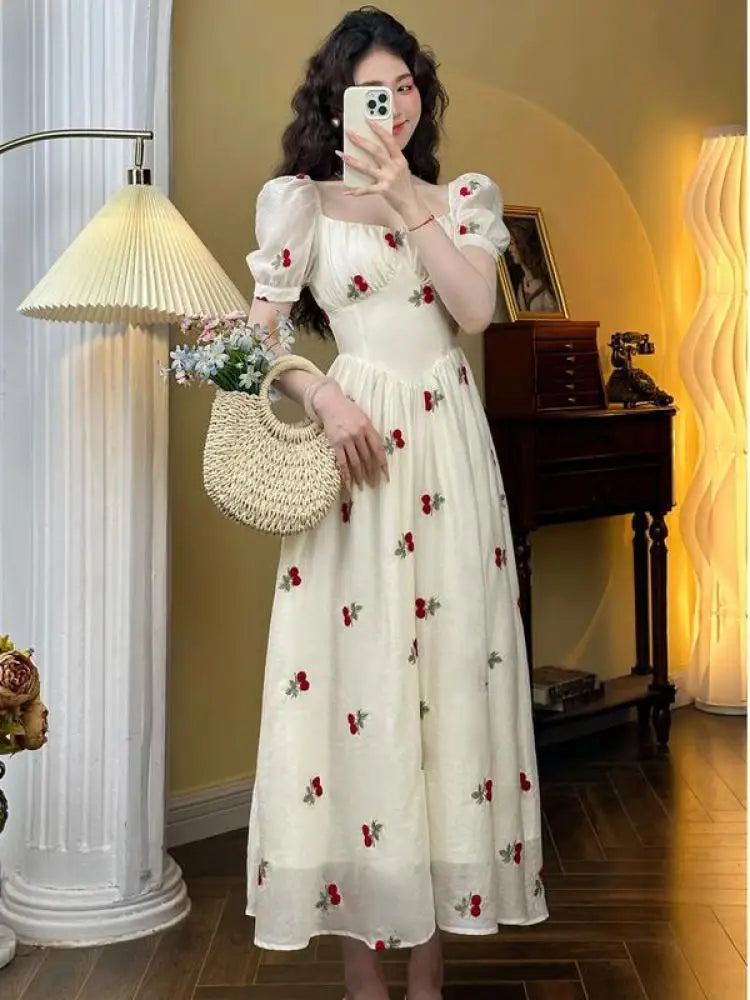 French Beige Cherry Print Evening Party Fairy Dresses Clothing Summer Vacation Short Sleeve Slim Long Dress
