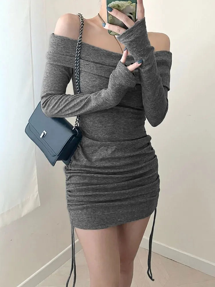 New Dresses Autumn Long Sleeves Laceup Slim Mini Dress Backless Lady Knitted Dress