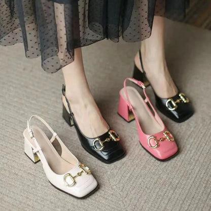 Mary Jane Shoes 4143 French Square Headed Thick Heels High Heels Single Shoes Baotou Letter Sandals