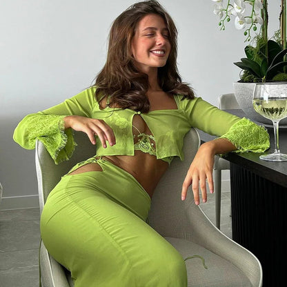 New Female Blouse Gradient Color Longsleeved Blouse Hanging Neck Halter Contrast Color Long Skirt Twopiece Suit