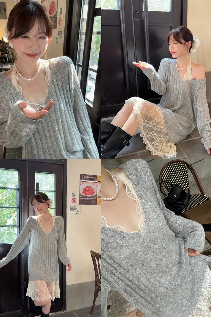Sweet Hot Girl Pure Suit Autumn Vneck Mohair Sweater Halter Neck Lace Dress Twopiece Set Female Clothes