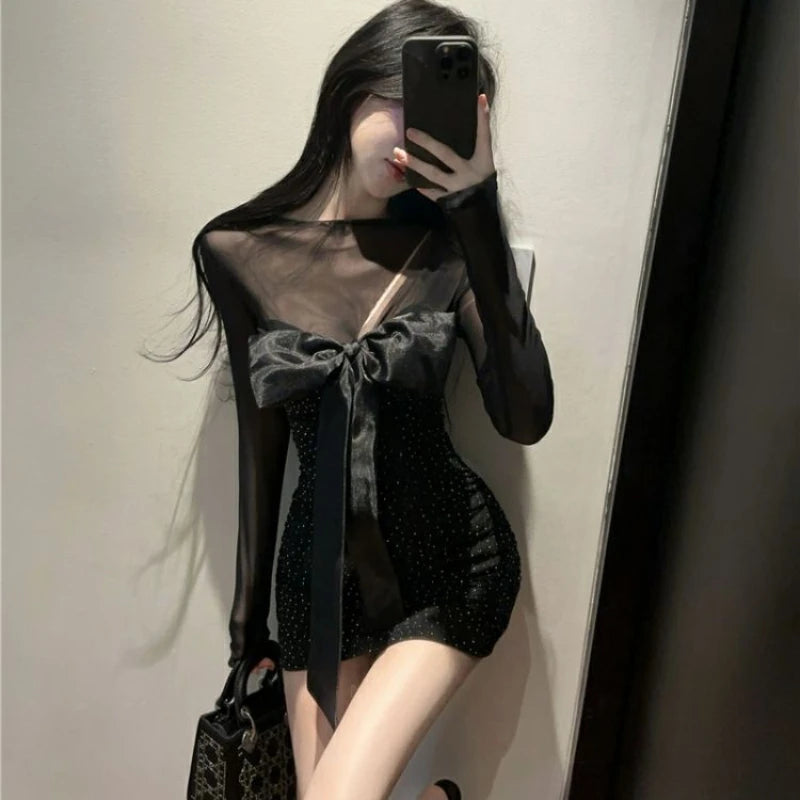 Mini Dresses Mesh Patchwork Bow Hollow Out Slim Shiny Long Sleeve Dress Party Club Female