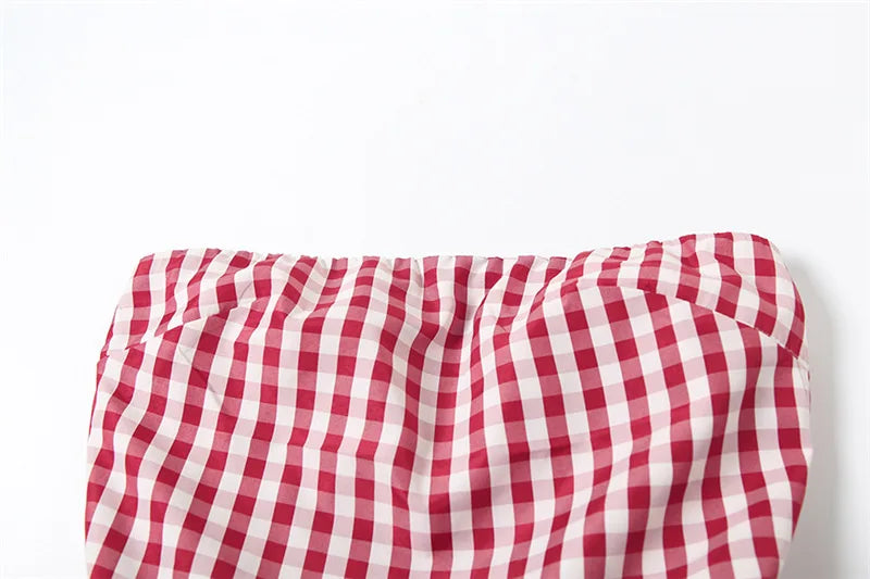 Spring Summer Plaid Tops for Strapless Off Shoulder Backless Ruched Red T-shirt Sleeveless Tees Top