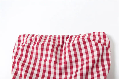 Spring Summer Plaid Tops for Strapless Off Shoulder Backless Ruched Red T-shirt Sleeveless Tees Top
