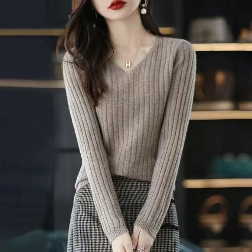 Sweater Long Sleeve Top Knitted Pullover V-neck Sweater Woman Winter Basic Female Clothing Soild Ol Sweater Df4933