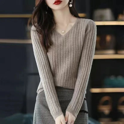 Sweater Long Sleeve Top Knitted Pullover V-neck Sweater Woman Winter Basic Female Clothing Soild Ol Sweater Df4933