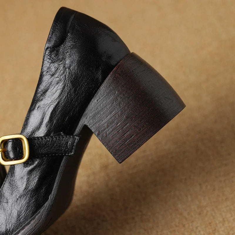 Sheepskin Chunky Heel Round Toe Tstrap Slipon Pumps British Style Retro Female Med Heeled Shoes for Autumn