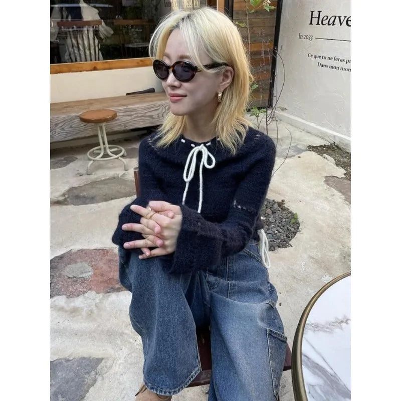 Autumn for Crop Tops Korean Retro High Street Hollow Out Bandage Cashmere Sweater Knit Pullover Tops