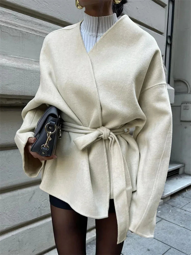 Lace-up White V-neck Overcoat Female Loose High Street Long Sleeve Autumn Patchwork Coat ’s Bandage Outwear New