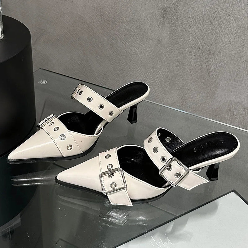 Pumps Belt Buckle Pointed Toe Black High Heel Mule Summer Slides Half Slipper Shoes for Big Size 43