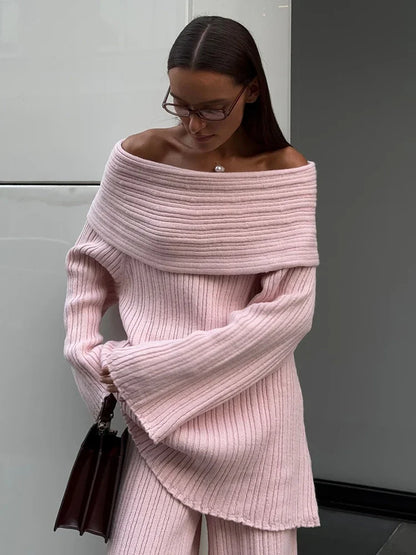 One-shoulder Knitted Dress for Loose Rib Knit Sweater Autumn Winter Midi Dresses Female Long Sleeve