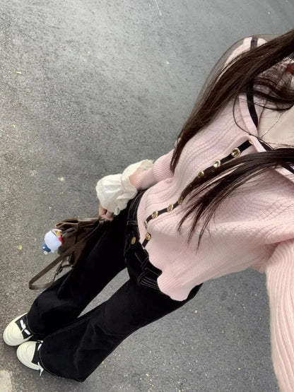 Sweet Hot Girl Pink Off Shoulder Longsleeved Sweater Autumn Sailor Collar Knitted Cardigan Top Female Clothes