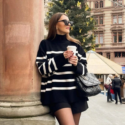 Winter Black and White Stripe Sweater Loose Pullover Jumper Tops Female Long Sleeve Turtleneck Knitted Sweaters