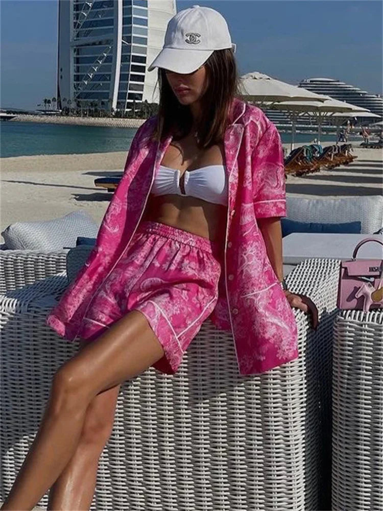 Printed 2 Piece-set Beach Clothes ’s Loose Pocket Lapel Outwear and High Waist Shorts Sets Summer Female Sets