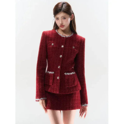 Red Christmas Skirts Set Clothing Winter New Sweet Waist Slimming Coat Mini Skirt Two Piece Set Outfits