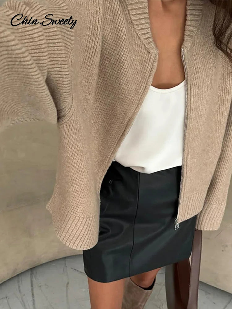 Knit Zipper Cardigan for Loose O Neck Long Sleeve Sweater Top Female Fall Winter All-matching Knitwear