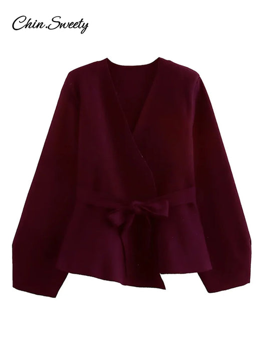 Lace Up Knit V-neck Jacket Full Sleeve Loose Cardigan Top New Spring Lady High Street Outwear