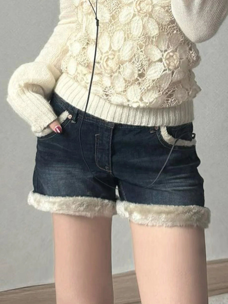 Kawaii Fluffy Trim Mini Jeans Gentle Sweet Style Pants All-match Blue Short Design