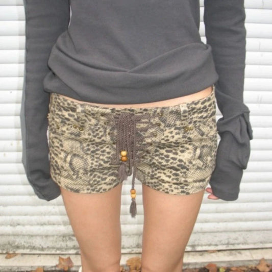 2000s Y2k Pants Lowwaisted Lace Up Ropa Mujer Summer New Aline Wide Leg American Washed Leopard Print Shorts