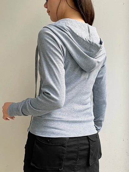 Gray Slim Zip Up Jackets Hoodies for Pockets Long Sleeve Ribbed Simple Basic Preppy Sweatshirts