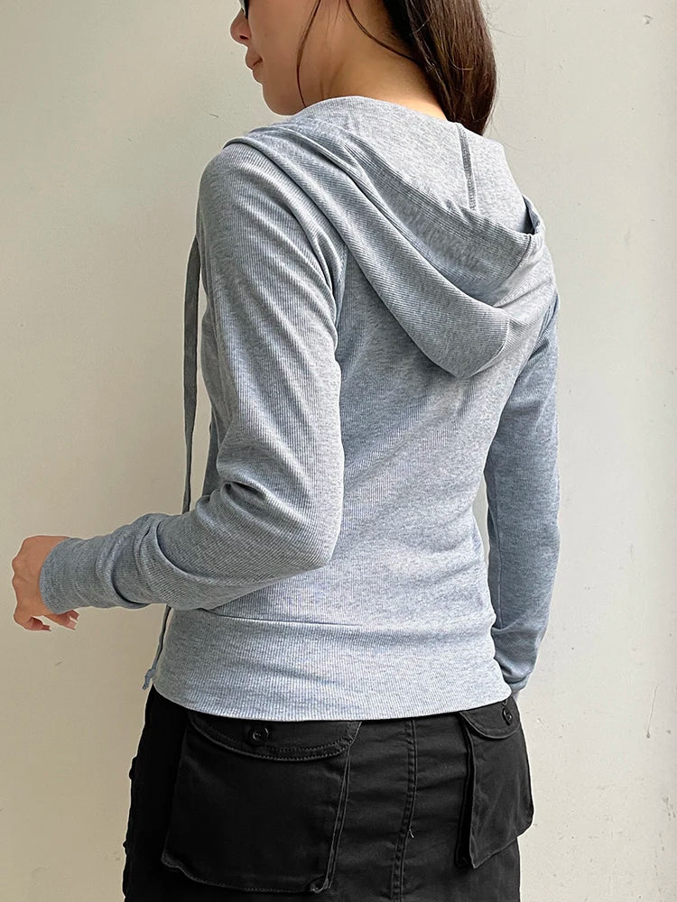 Gray Slim Zip Up Jackets Hoodies for Pockets Long Sleeve Ribbed Simple Basic Preppy Sweatshirts