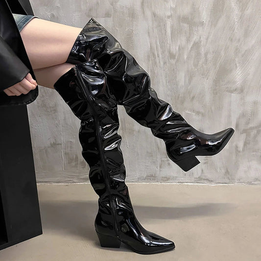 Winter Pleated Over the Knee High Boots Slip on Long Booties Autumn Thick Heel Shoes